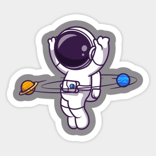 Astronaut Playing Planet Ball Cartoon Sticker